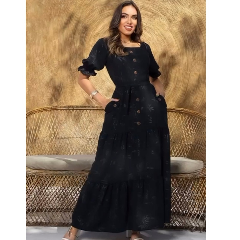 Vestido longo feminino liso com botões e cinto plus size moda evangélica