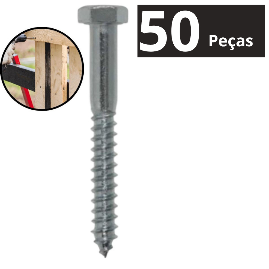 Parafuso Sextavado Rosca Soberba Zincado Para Madeira 1/4x50mm Com 50 Peças