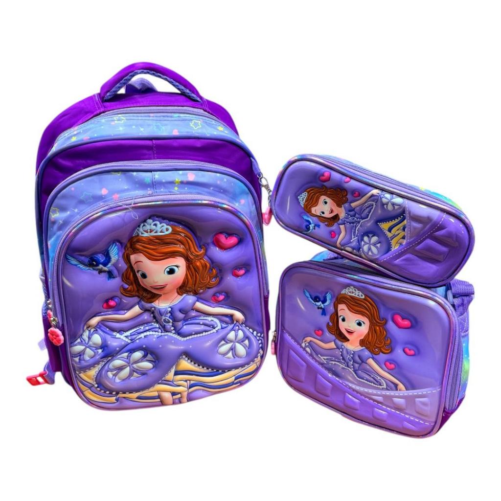 Mochila escolar infantil kit completo Princesa Sofia 40 cm + rodinha + estojo + lancheira termica