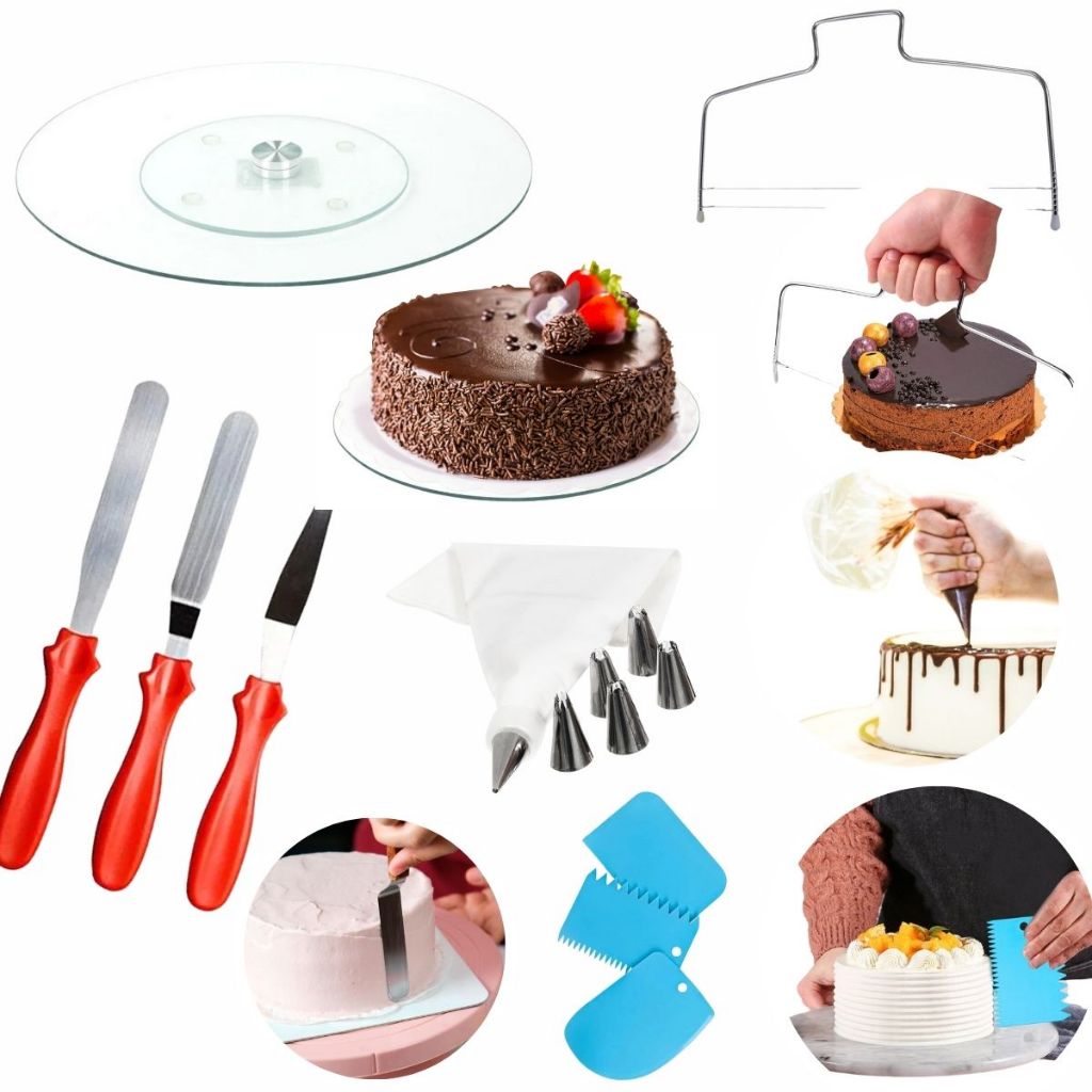 Kit Confeitaria Boleira de Vidro Bailarina Giratória 32 cm Raspador Bicos Saco Confeitar Nivelador Confeiteiro