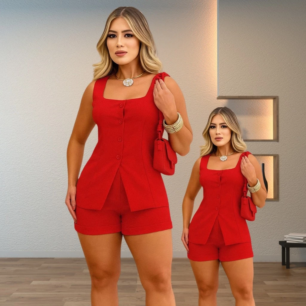 Conjunto Feminino Alfaiataria Bermuda e Blusa Social Confortavel
