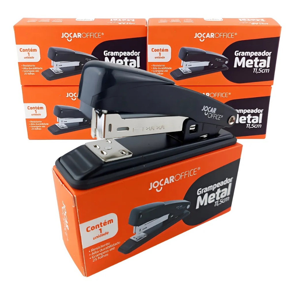 Kit 2/5/10 Grampeadores Metal Preto 25 Folhas Escritório 11,5cm 26/6 Jocar