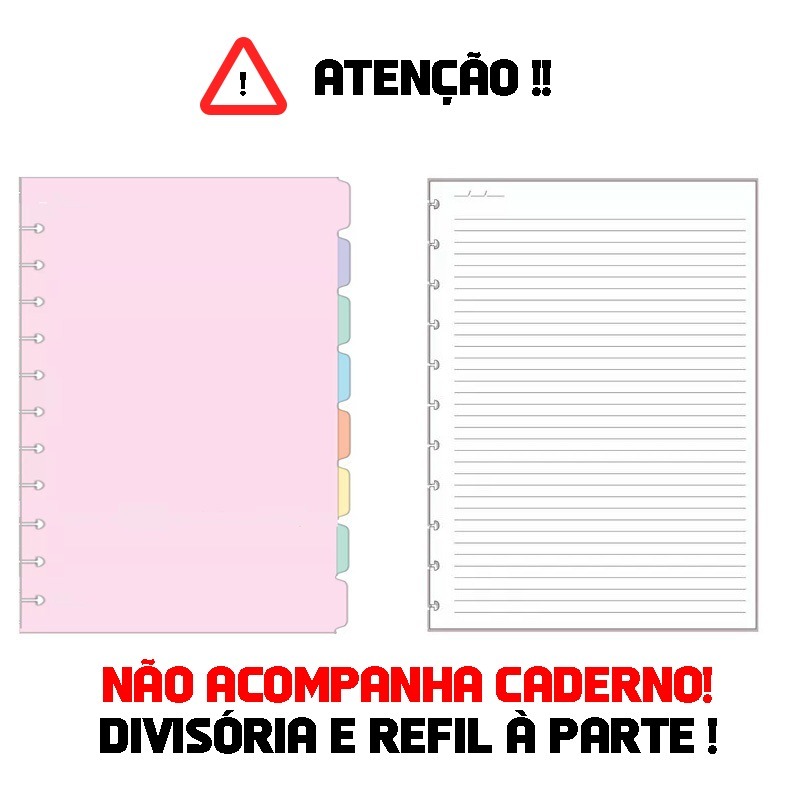 Kit Caderno REFFIL com 8 divisórias coloridas para caderno de 11/10/8 discos A4/B5/A5