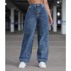 Calça Jeans Feminina Wide Leg pantalona Cintura Alta Tecido