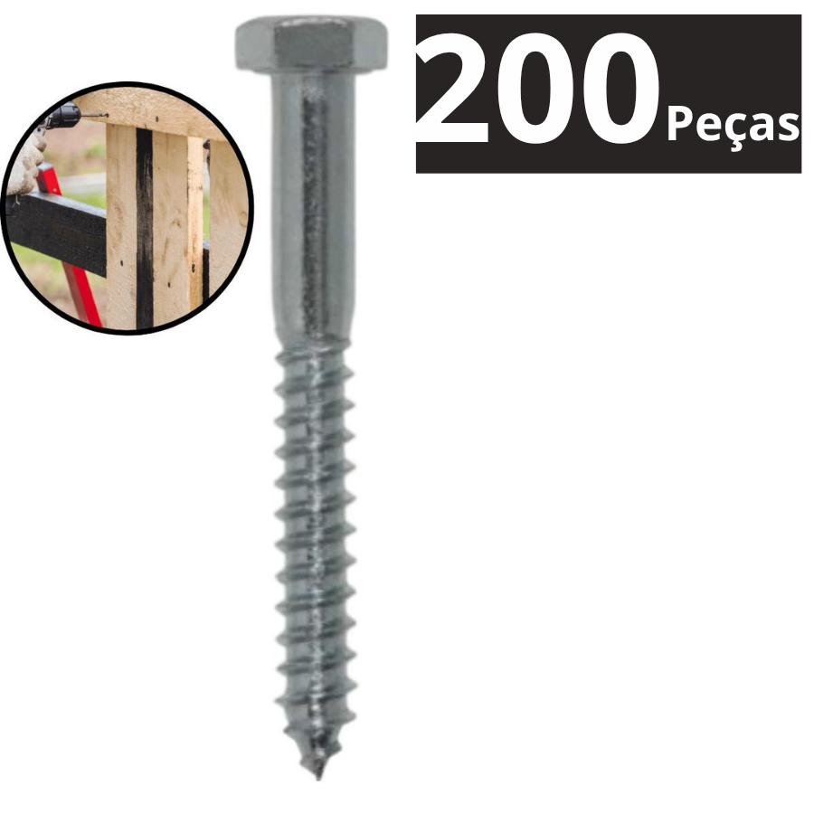 Parafuso Sextavado Rosca Soberba Zincado 1/4x50mm Com 200 Peças Para Madeira