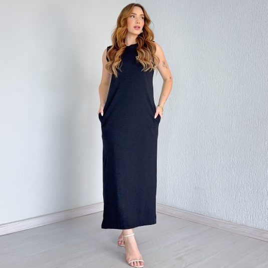 Vestido Longo Cavado C/Bolso 100% Algodão