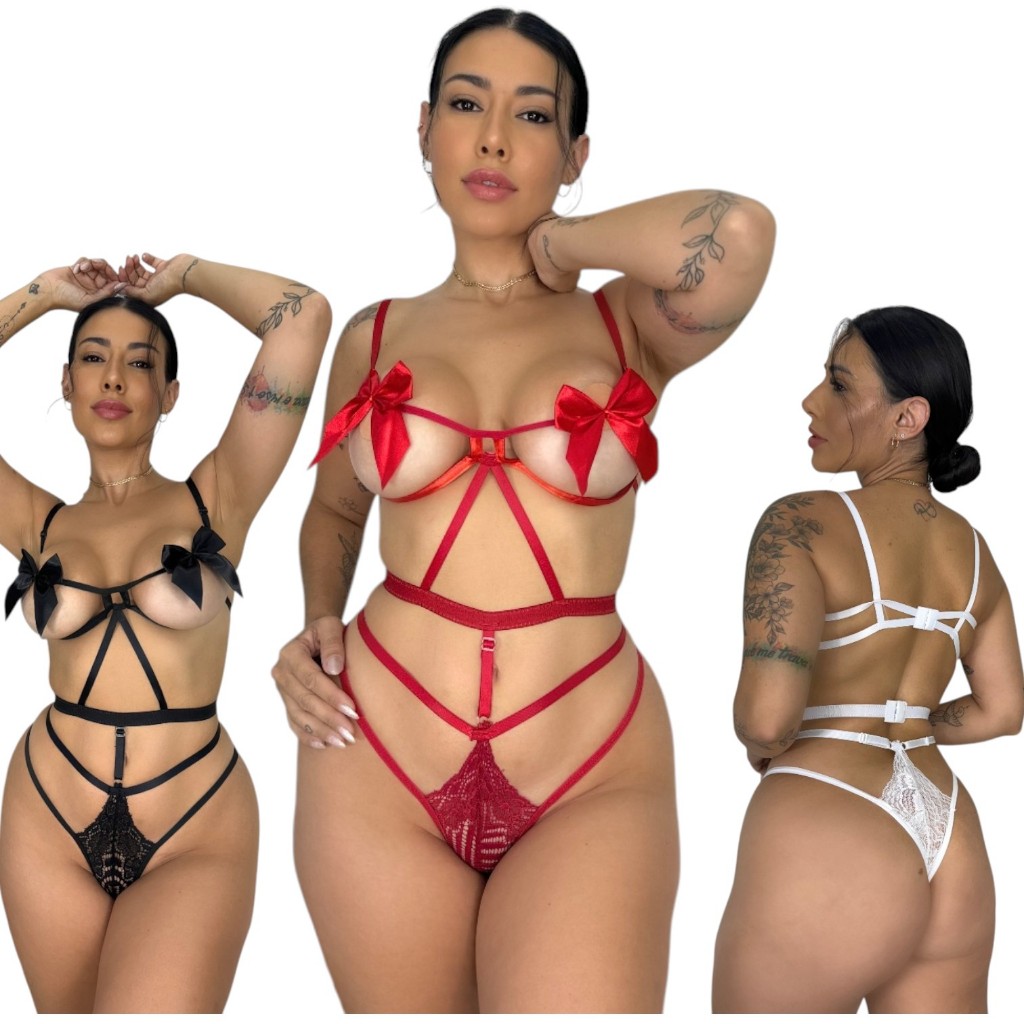 Conjunto Lingerie Body com Aro e Laço 🎀 Bory Feminino Sensual em Oferta na Shopee
