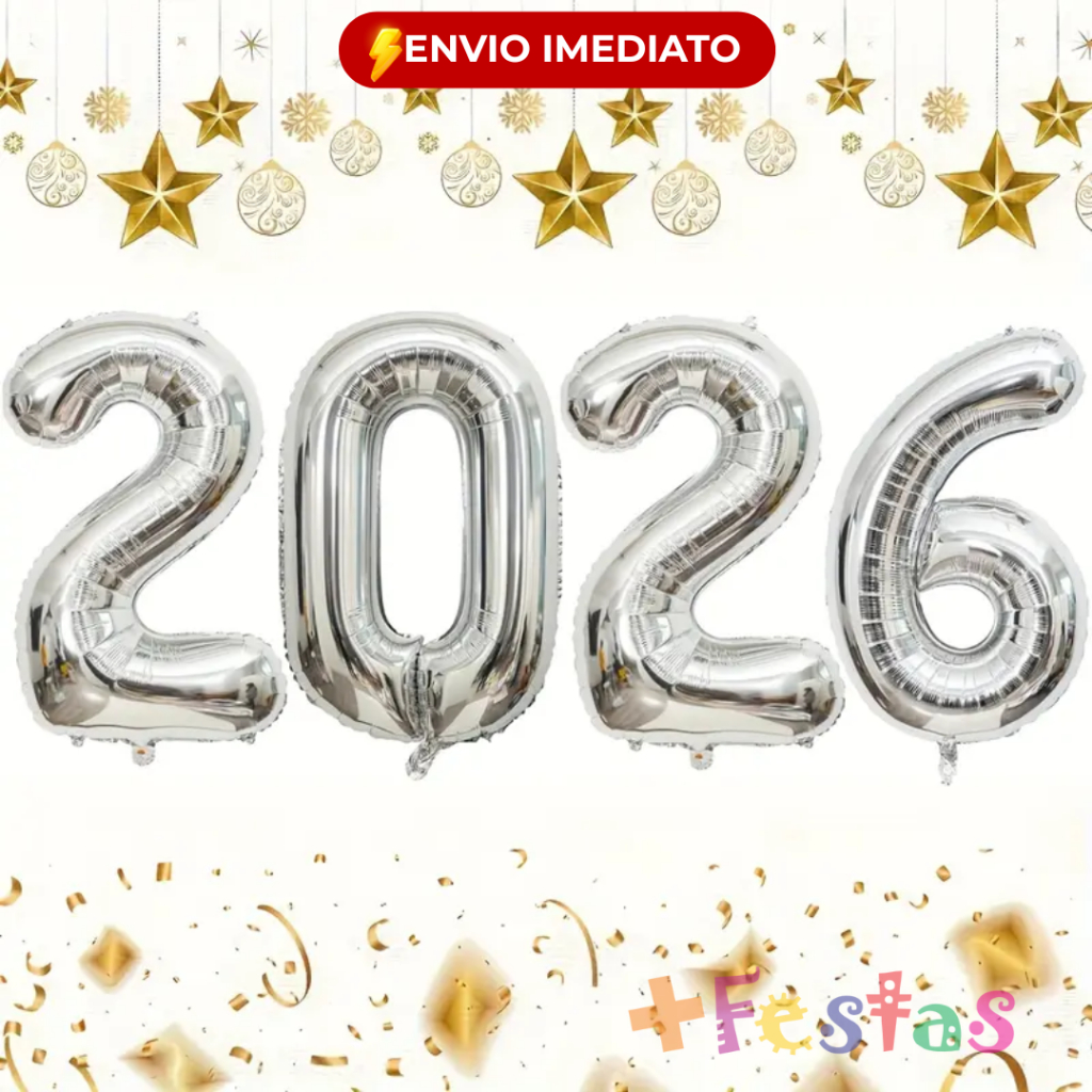 Kit 2026 Balão Metalizado Decoração Fim de ano Réveillon Festa Número 2026 Prata Dourado