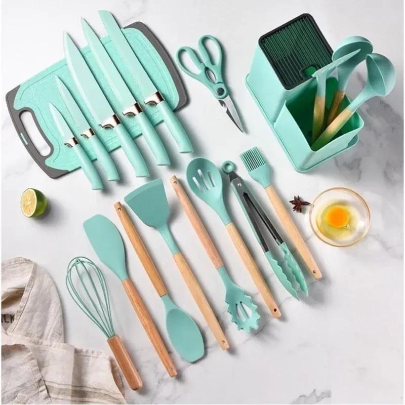 Jogo de Cozinha 19 Peças Luxo Completo Antiaderente e Resistente ao Calor Conjunto de Utensílios de Silicone em Oferta na Shopee