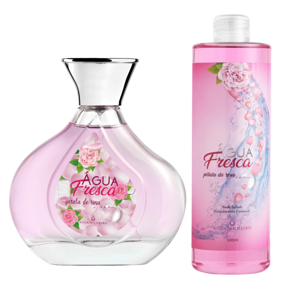 Kit Água Fresca Pétala de Rosa Colônia 140ml+Body Splash 500ml Água De Cheiro Floral Suave Delicado