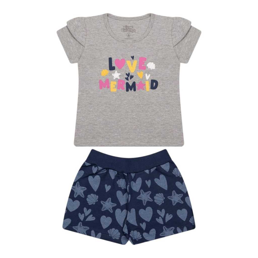Conjunto Feminino Bicho Bagunça em Cotton com Shorts em Moletinho Love Mermaid