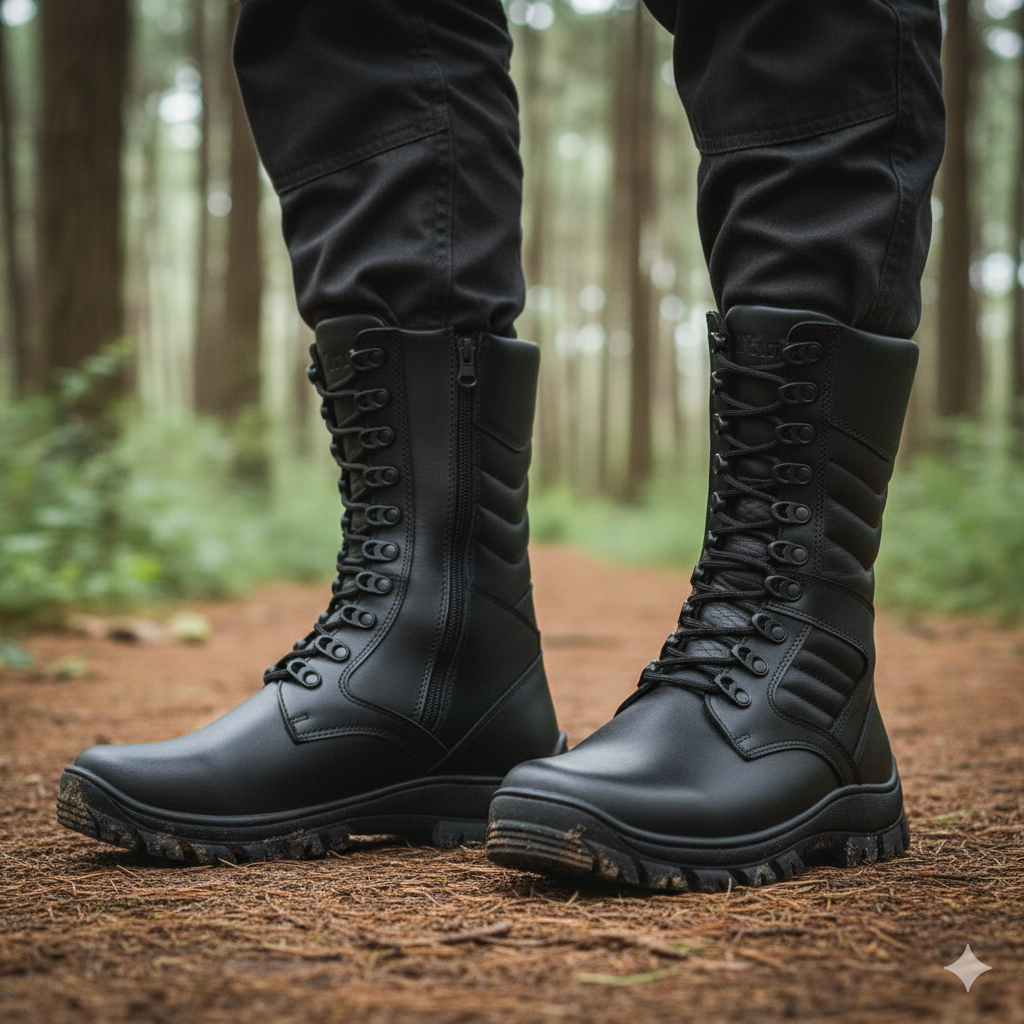 Coturno Masculino Cano Alto Sentinel em Couro Legítimo Blaqueado Zíper Lateral
