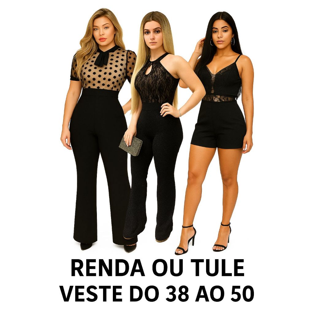 Macacão Feminino Longo Preto Renda Gola Social Luxo Pantalona Boca de Sino Flare Festa de Gala ou Macaquinho Curto Gola