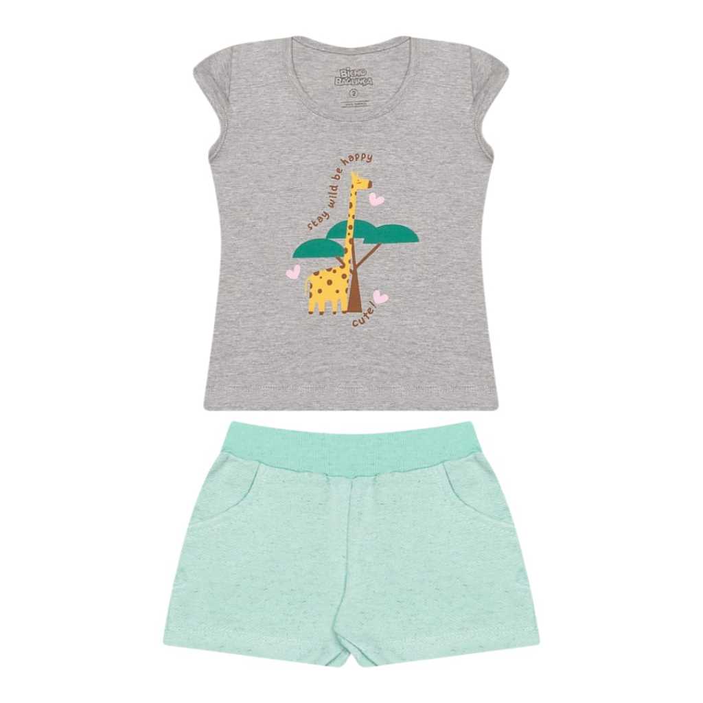 Conjunto Feminino Bicho Bagunça em Cotton e Shorts em Moletinho Linho Girafa