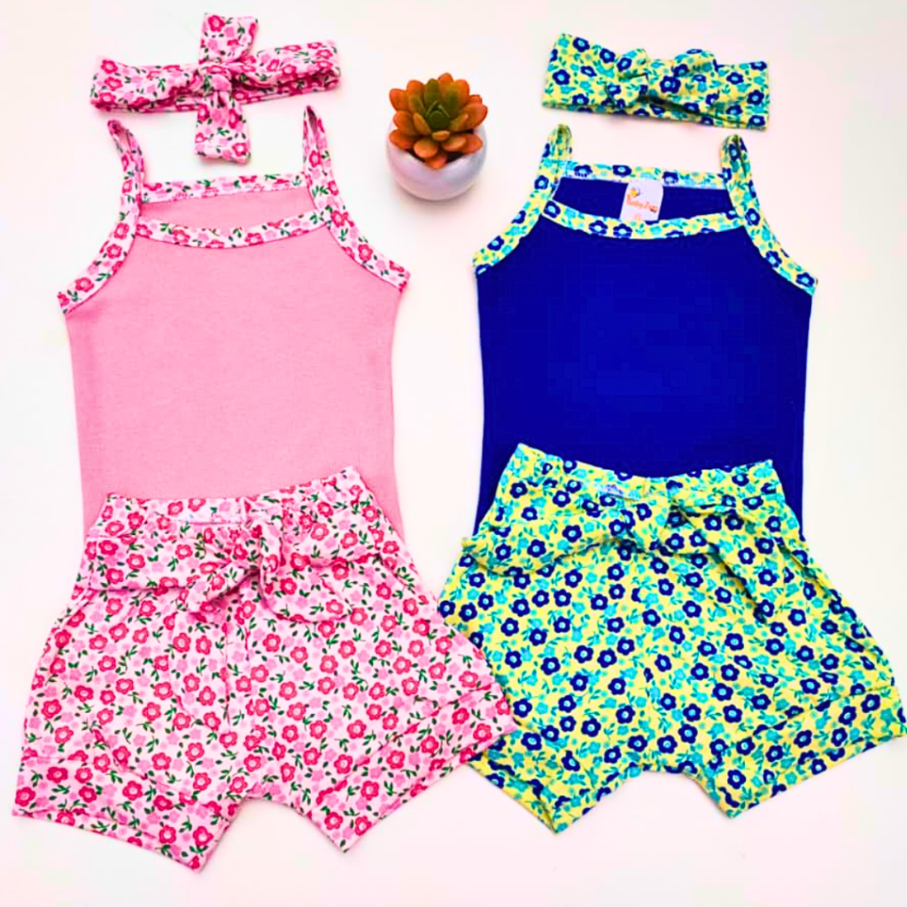 Kit Body de Alcinha Shortinho e Tiara de Bebê  Menina 100% Algodão
