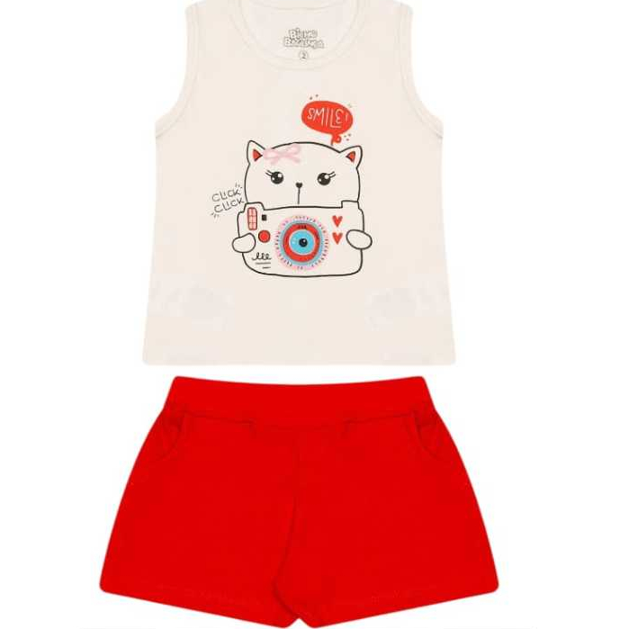 Conjunto Feminino Bicho Bagunça em Cotton e Shorts em Malha Relevo Smile Click
