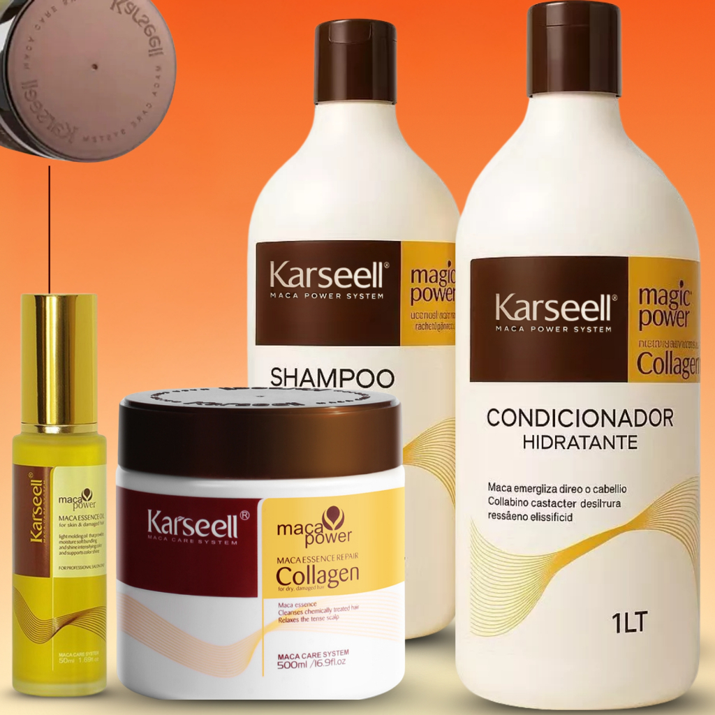 Kit Karseell Tratamento Capilar Máscara Collagen + Shampoo + Condicionador + Oleo Argan Marroquino Maca Essence Oil