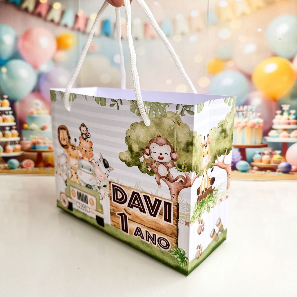 Sacolinha Surpresa personalizada SAFARI- Personalizados Sacolas SAFARI MENINO -  PEGUE E MONTE