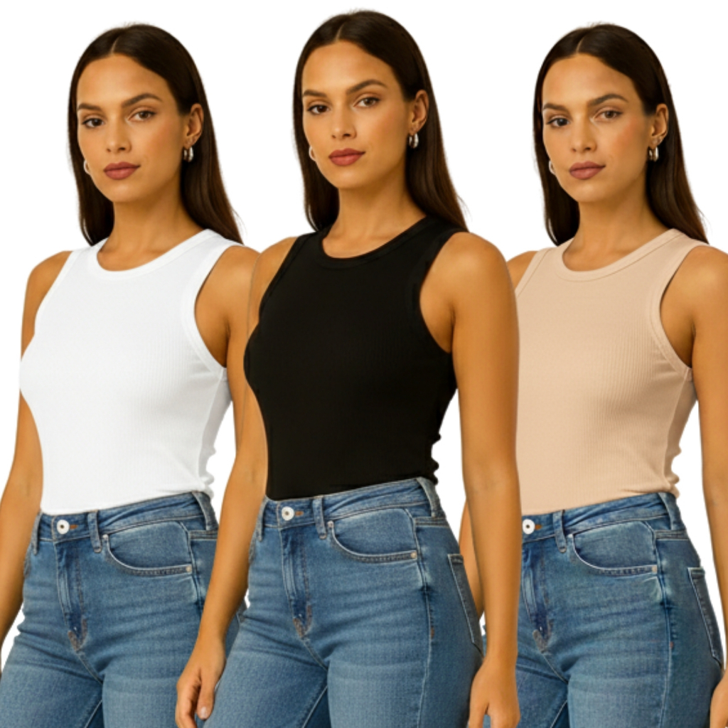 KIT 3 Regata Blusinha Feminina Casual Gola Redonda Basica Canelada Blogueira Elegante