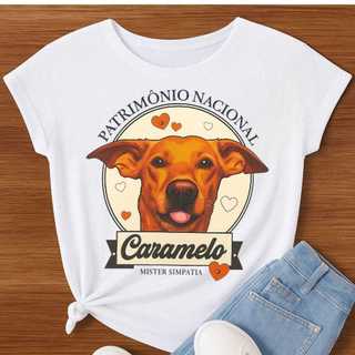 Camiseta Feminina Estampa Caramelo Doguinho Patrimônio Nacional – Malha Poliéster Fiado