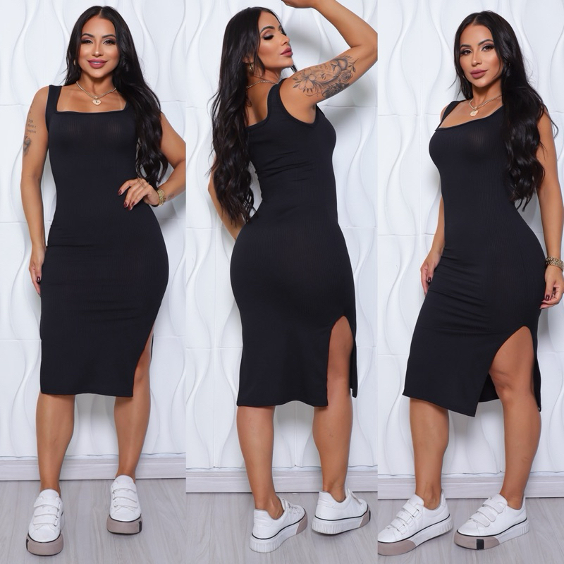 Vestido Mídi Canelado Feminino Regata Decote Quadrado com Fenda Lateral