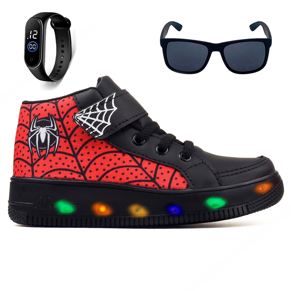 Kit Tenis Botinha de Led Meninos Cano Alto Aranha Confortavel Ajuste Facil + Oculos e Relogio