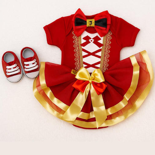 Body Bebê Mesversário Natal Mamae Noel Saia de Luxo & Laço & Tenis Brilhante