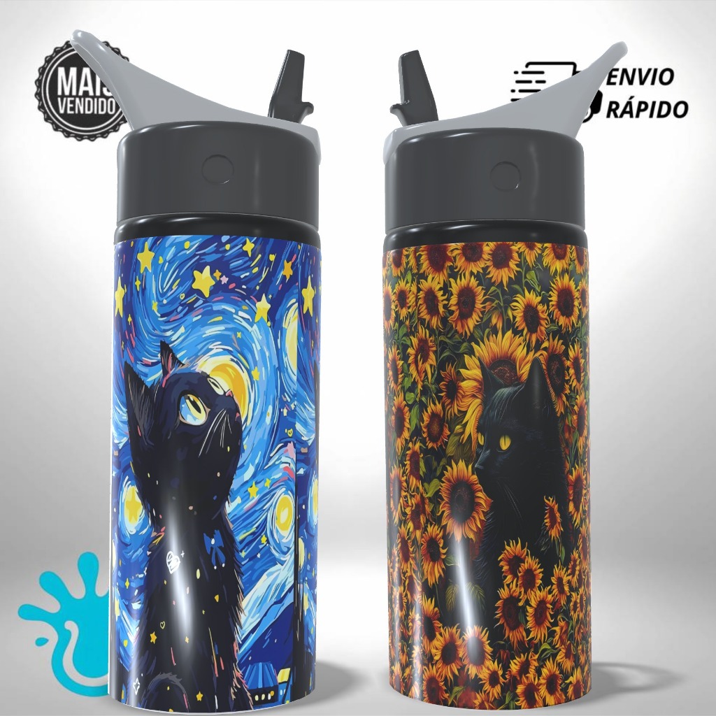 Garrafa Squeeze Alumínio Personalizada Gatinhos Van Gogh - Presente Único e Criativo