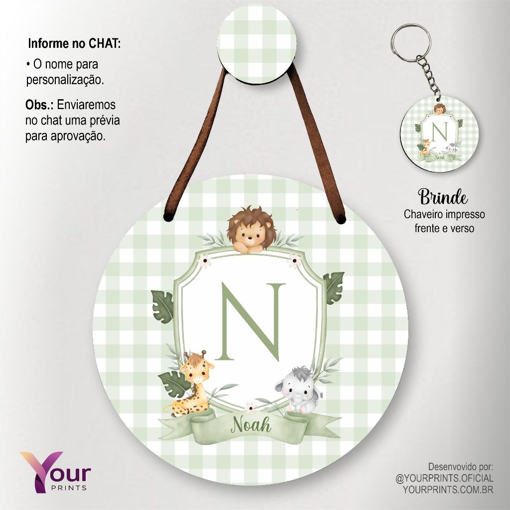 Enfeite de Porta Maternidade Monograma Personalizado Menino Verde –Guirlanda, Safari, Urso, Ovelha, Leão, Balão, Aviador