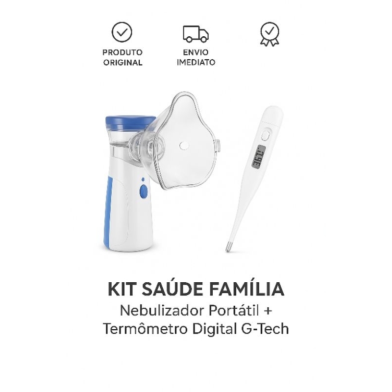 KIT SAÚDE FAMÍLIA: Nebulizador Ultrassônico Mesh Portátil Adulto e Infantil + Termômetro Digital G-Tech