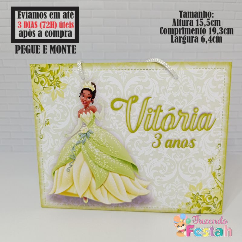 Sacolinha (M) TIANA A PRINCESA E O SAPO personalizada - Lembrancinha de festa - aniversário Tiana - sacolinha surpresa