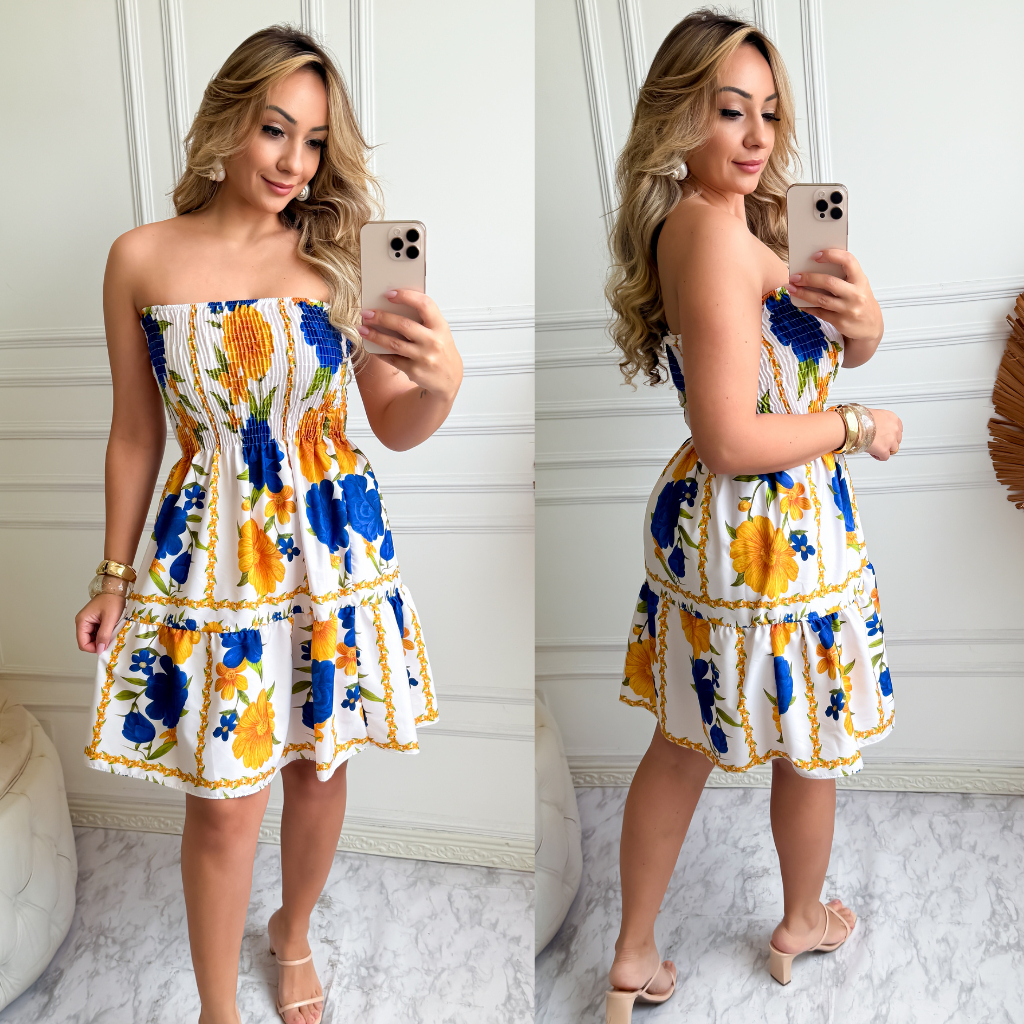 Vestido femenino curto con fruncido em Oferta na Shopee