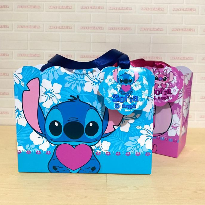 Lembrancinha Personalizada Sacolinha Ondas Grande com Tag Stitch e Angel PEGUE E MONTE