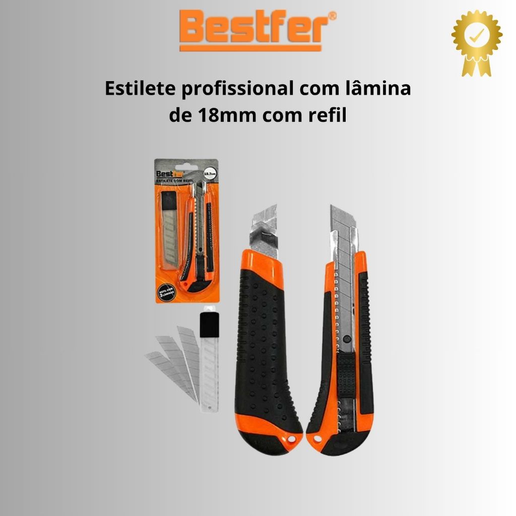 Estilete Profissional De Alta Qualidade 18mm Com Refil 3 Lâminas Bestfer em Oferta na Shopee