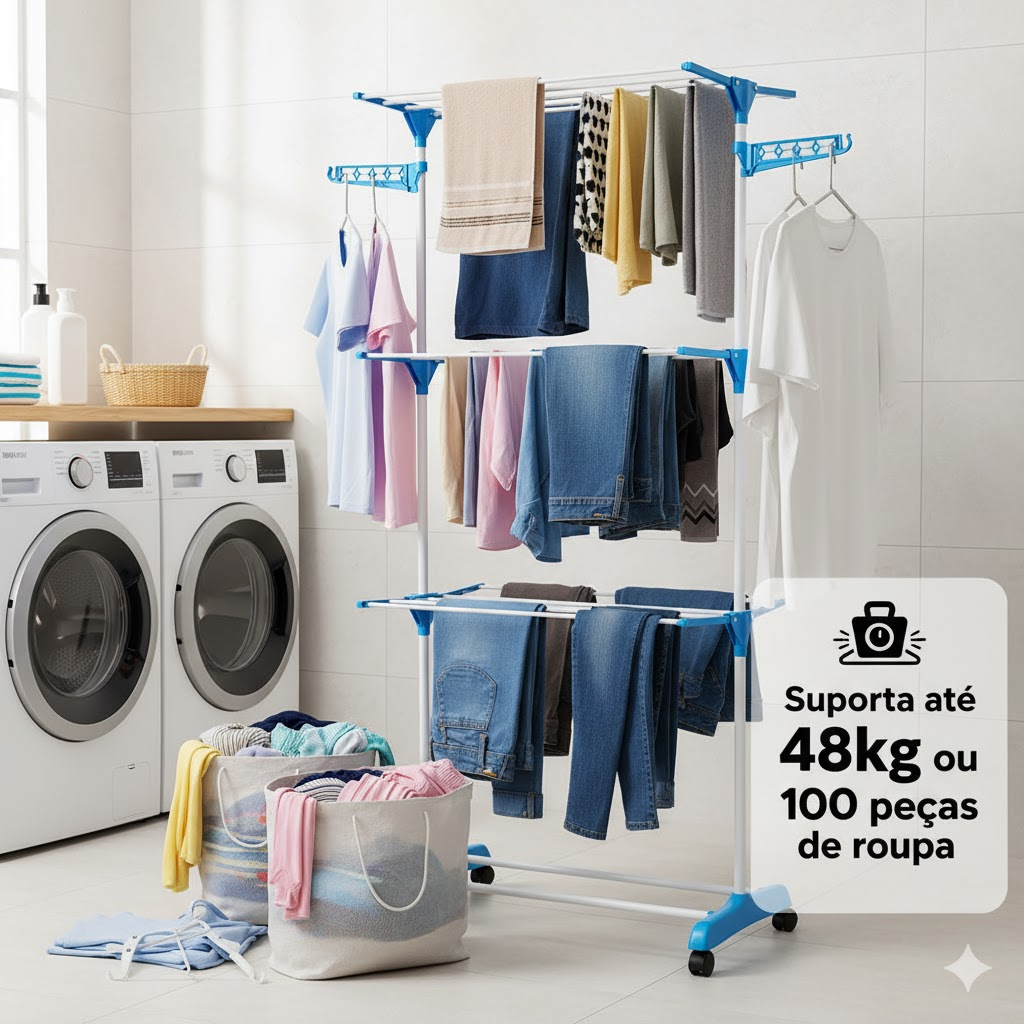 Varal De Chão Vertical Roupa Calcinha Grade 3 Andares Dobrável Portátil com rodas apartamento