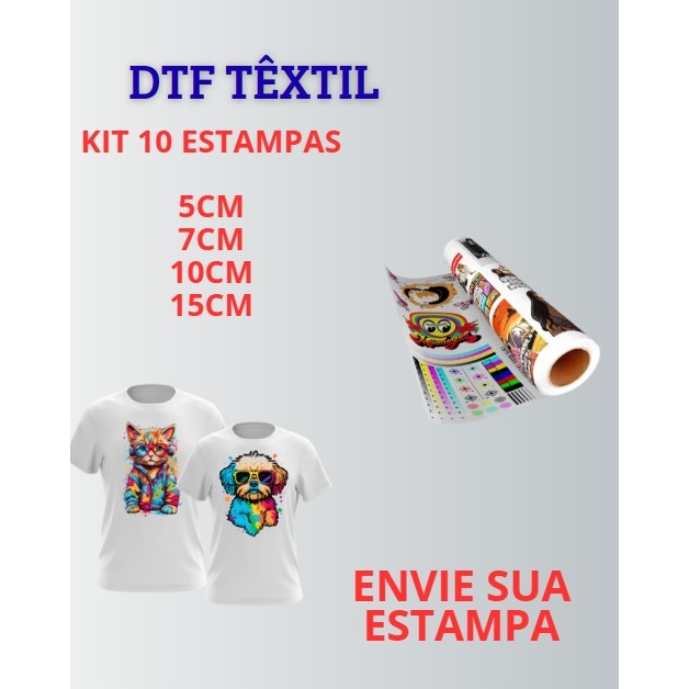 KIT 10 ou 20 ESTAMPAS EM DTF TEXTIL, APLICA COM FERRO, LOGOMARCAS, BRINDES, CAMISETAS FACIL APLICACAO