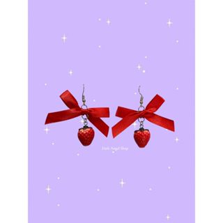 Brinco de Morango com laço Vermelho - Par de Brincos de Morango com Laço de Cetim vermelho Kawaii em Oferta na Shopee