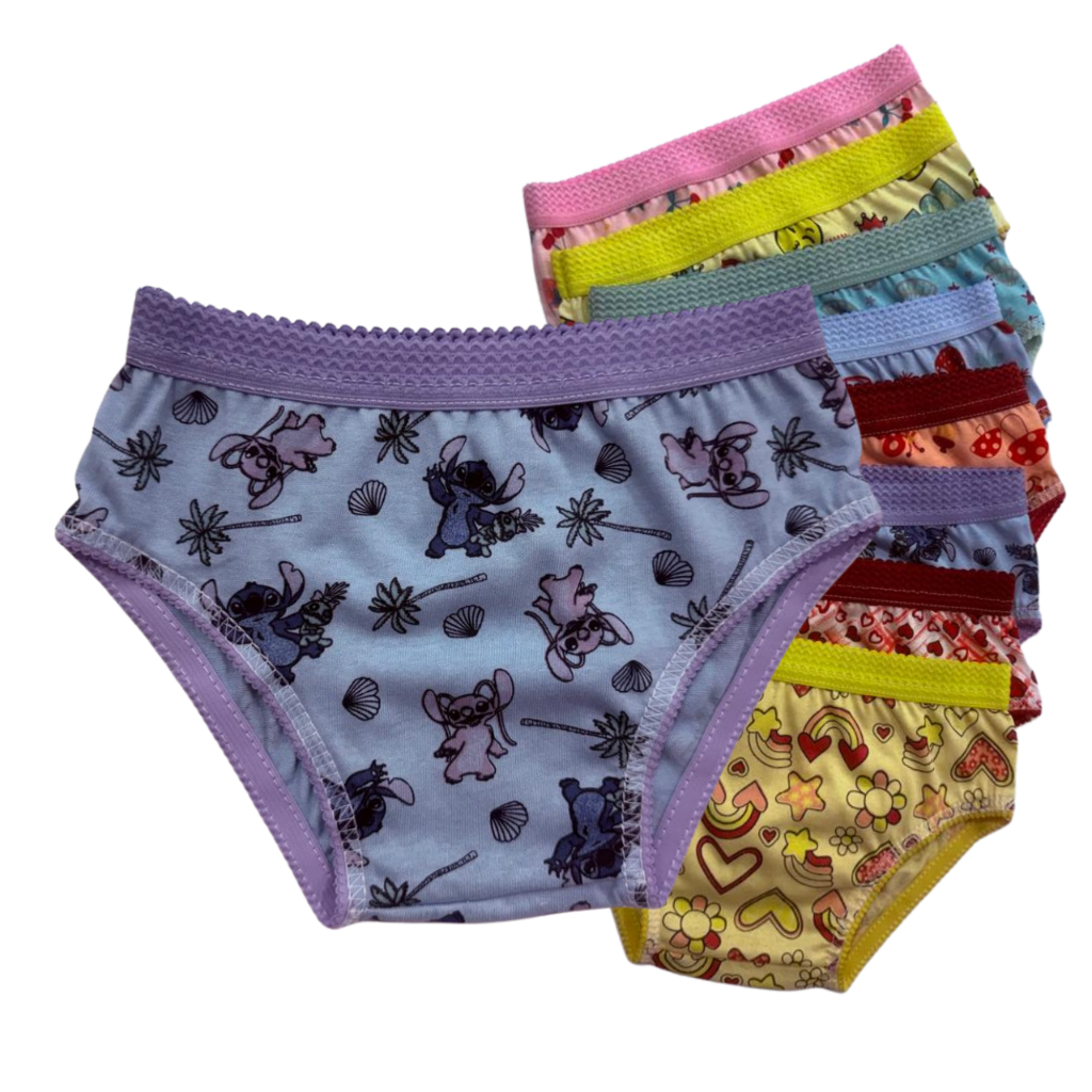kit 10 Calcinhas Infantil de Criança 100% Algodão Estampada com Elástico de Cós