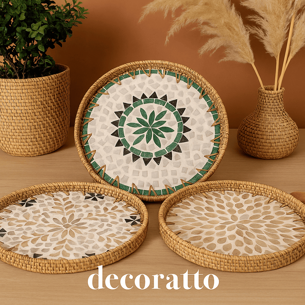 Bandeja Trançada Rattan com Pedras - Sala de Estar Chá Restaurante Cesta de Armazenamento Madeira em Oferta na Shopee