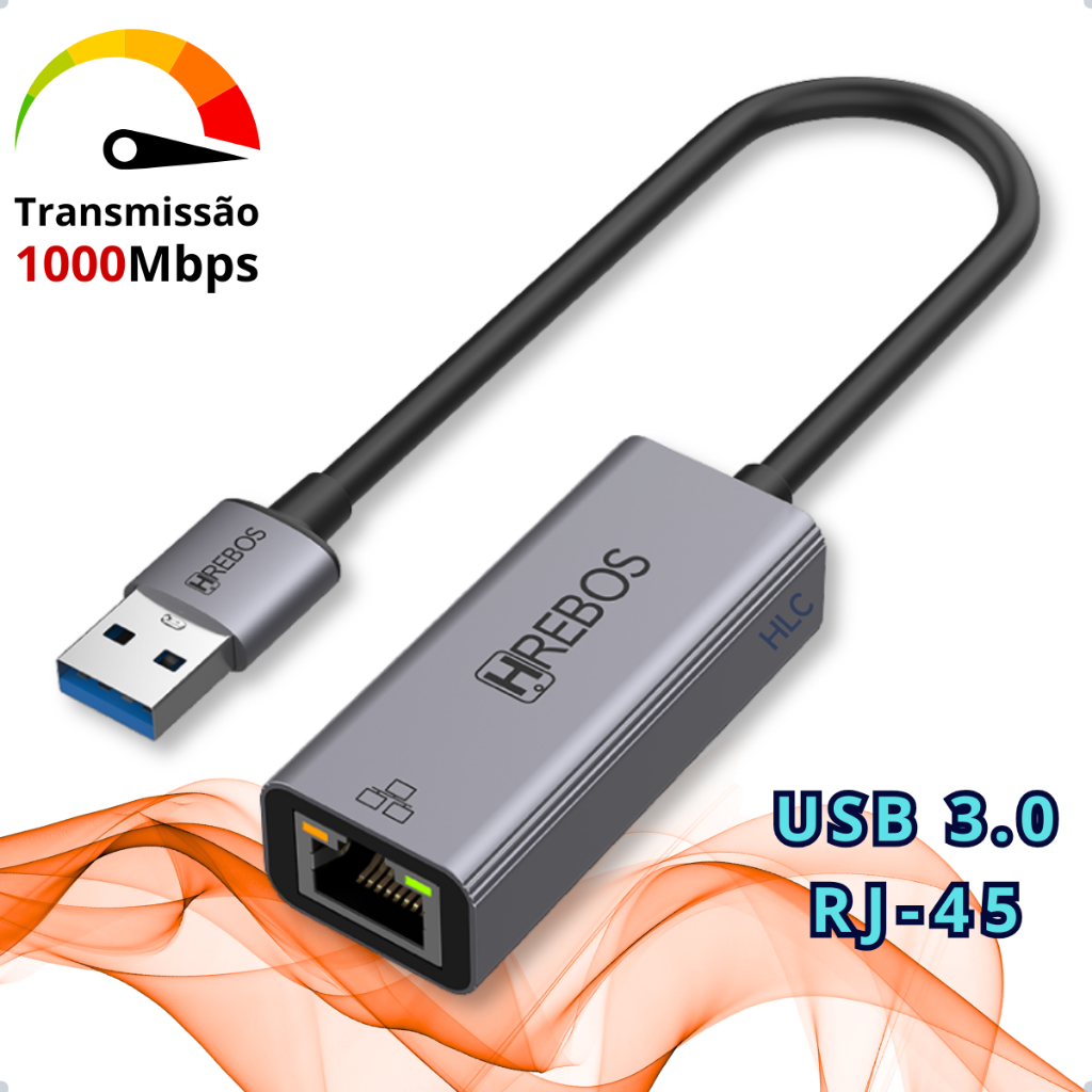 Adaptador Rede USB 3.0 para RJ45 - Gigabit 1000 Mbps PC Notebook Computador Portátil RJ-45 Ethernet