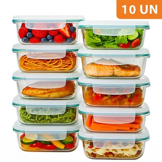 Kit 10 Potes De Vidro Hermético 800 ML Grande Com Tampa 4 Travas Marmita Organizador Alimentos Fit em Oferta na Shopee