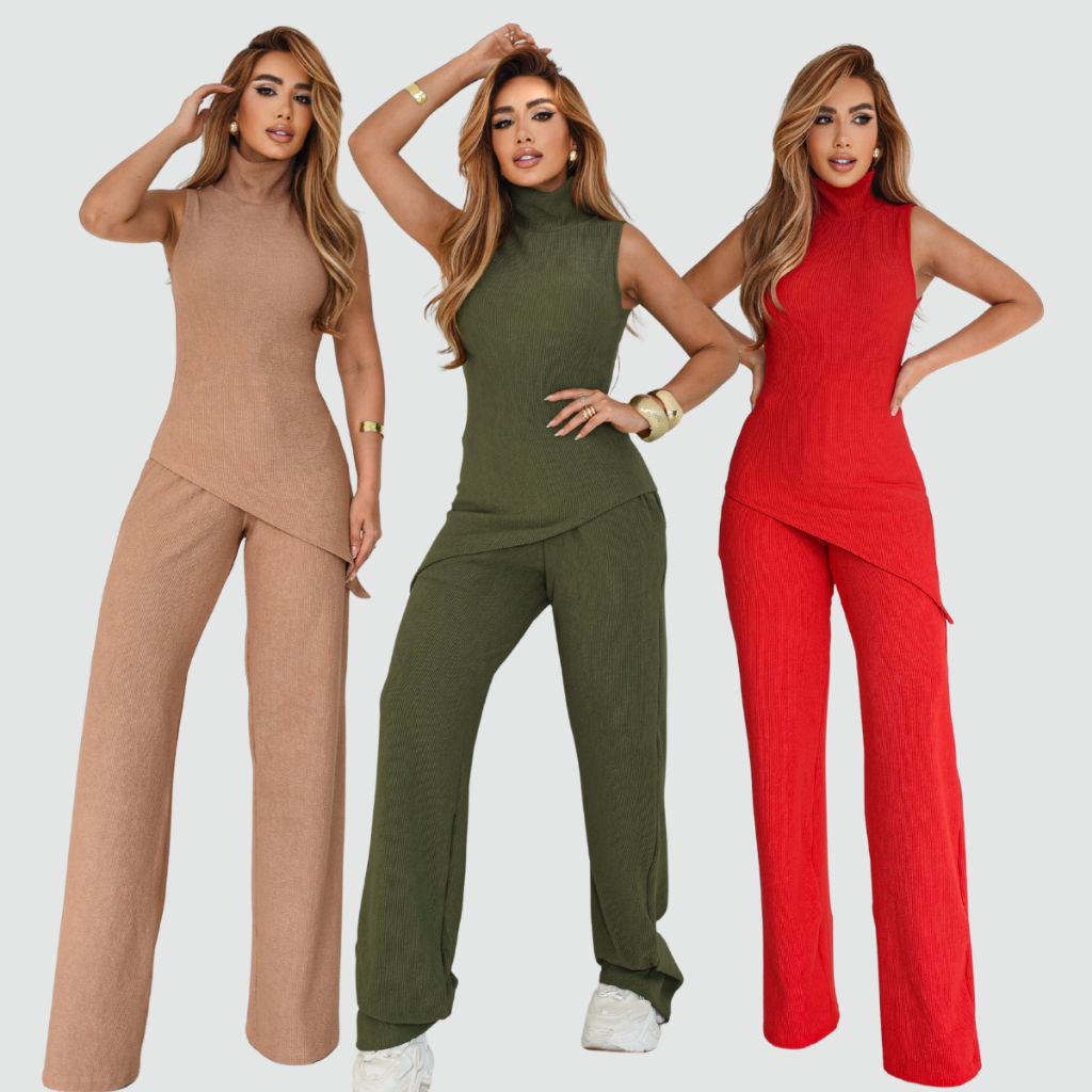 Conjunto Feminino Aerolook Malha Anarruga Regata Gola Alta Assimétrica Calça Pantalona Conforto Estilo Casual em Oferta na Shopee