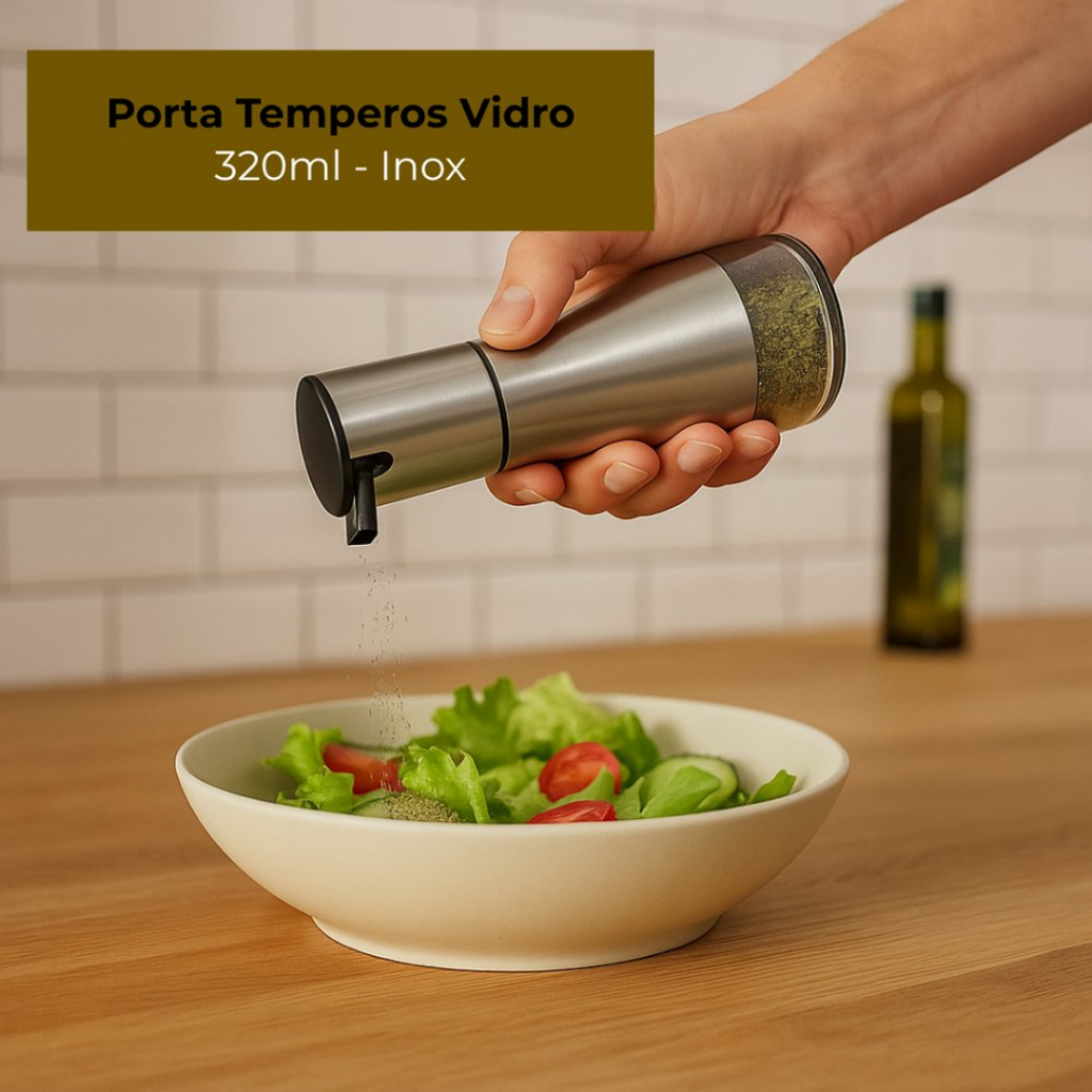 Porta Temperos Vidro E Inox 320ml Cozinha Com Bico Dosador - Inox