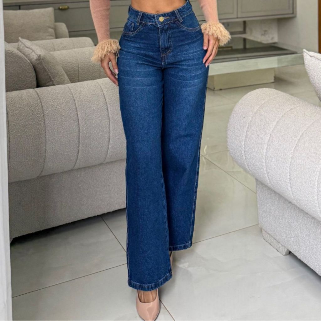 Calça Jeans Feminina Wide Leg Bigode Marmorizada Cintura Alta Pantalona Linha Premium 100% Algodão Levanta Bumbum