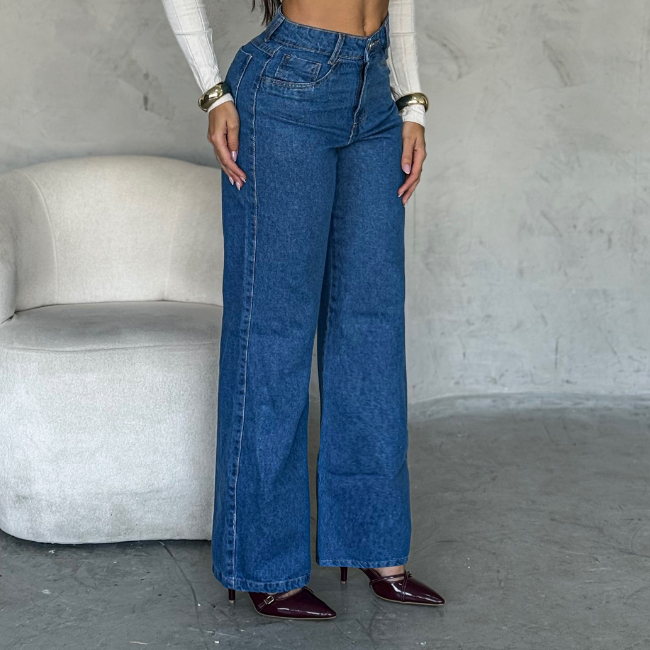Calça Jeans Feminina Wide Leg Clara Cintura Alta Tecido Grosso Pantalona  100% Algodão Linha Premium Levanta Bumbum