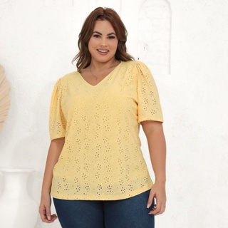 Blusa Lesie Plus Size Gola V Manga Curta em Oferta na Shopee