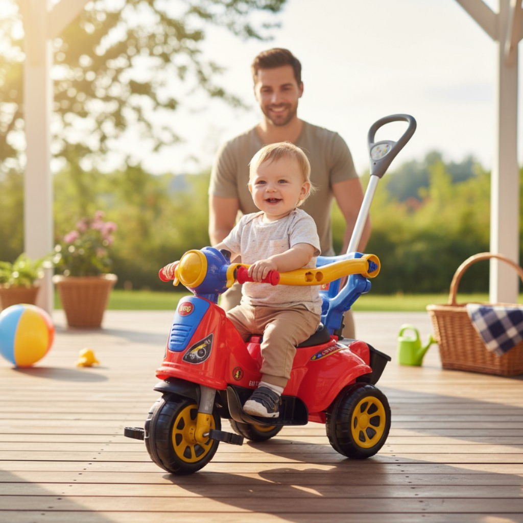 Triciclo Carrinho para criança Avespa Spider com guia e suporte para bolsa de Empurrar ou pedalar