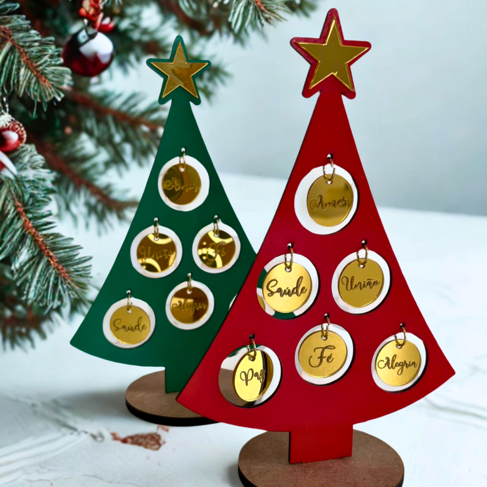 Árvore De Natal De Mesa MDF Decorativa C/ Palavras Fé Amor Paz Saúde Alegria União