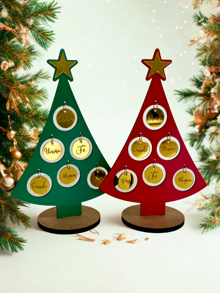 Árvore De Natal Mesa Mdf Decorativa com Palavras Fé Amor Paz Saúde