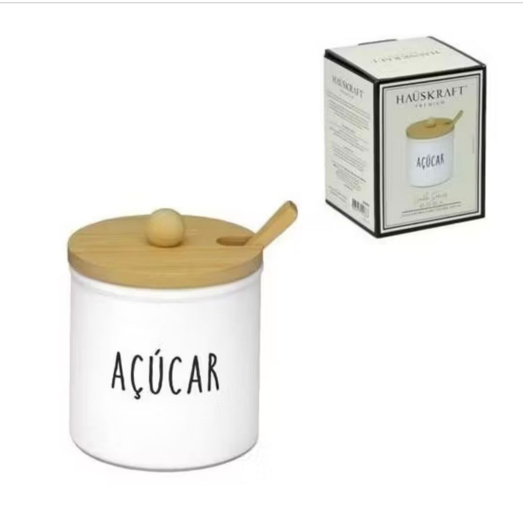 Pote para Açúcar Hauskraft com Tampa e Colher de Bambu – Cerâmica Moderna Açucareiro Cozinha Moderna